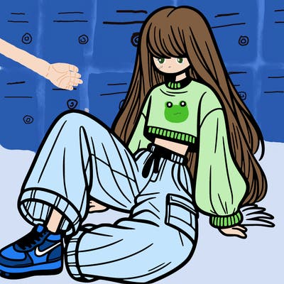 a girl with baggy pants and a crop top with long hair