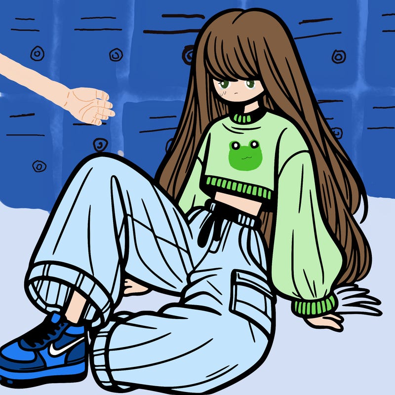 a girl with baggy pants and a crop top with long hair