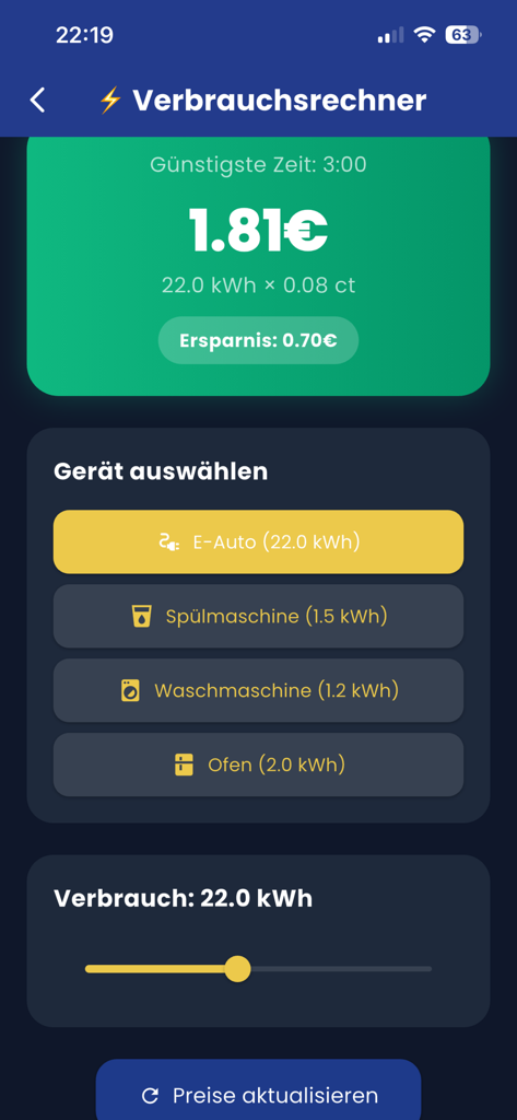 Energy consumption calculator screen showing costs and savings for EV charging and household appliances