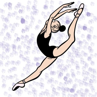 gymnast doing a leap in a leotard with a bent back leg