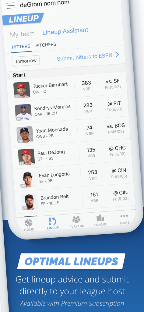 Interface of the Fantasy Baseball My Playbook app showing optimal hitter lineups and player rankings