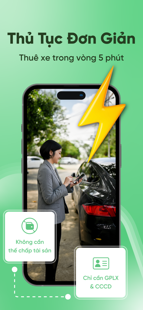MIOTO App-Oberfläche, die einen einfachen und schnellen Mietwagenprozess in Vietnam zeigt