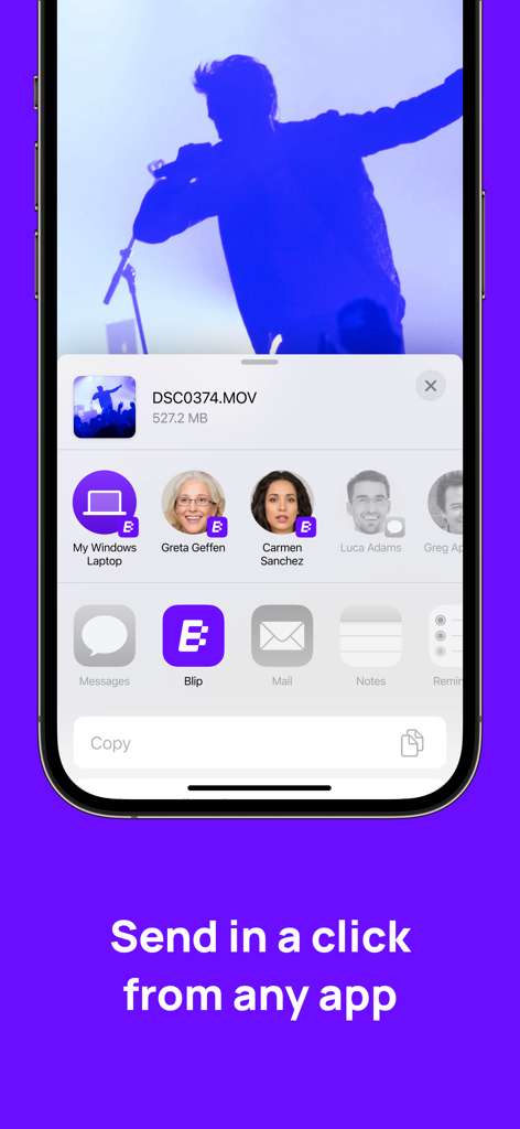 iPhone screen showing the Blip app integrated into the iOS share sheet for one-click file sharing to a Windows laptop and contacts.