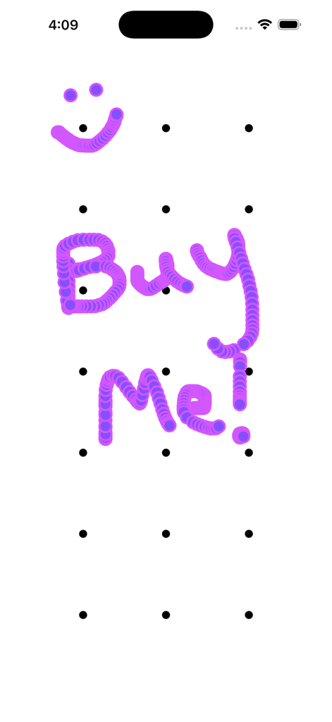 Ferramenta de diagnóstico de tela sensível ao toque do iPhone mostrando a escrita em tinta digital roxa Buy Me em uma grade branca