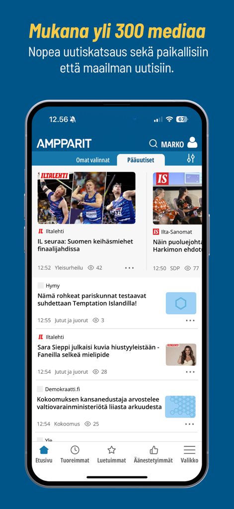Uutiset – Ampparit.com - Ampparit mobile app main news feed showing a curated list of articles from over 300 Finnish media sources