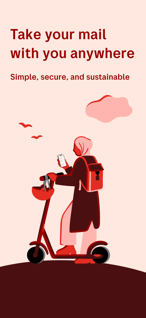 Illustration of a person on an electric scooter checking their digital mail in the Digipost app