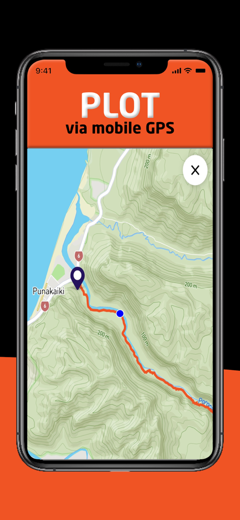Great Rides app screenshot showing a red cycling trail route plotted on a topographic map using mobile GPS near Punakaiki