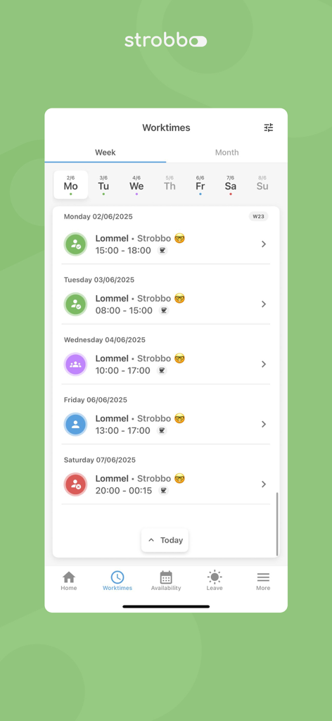 Strobbo Mobile App Bildschirm mit einer Liste von täglichen Arbeitsschichten und Zeiten für einen Mitarbeiter