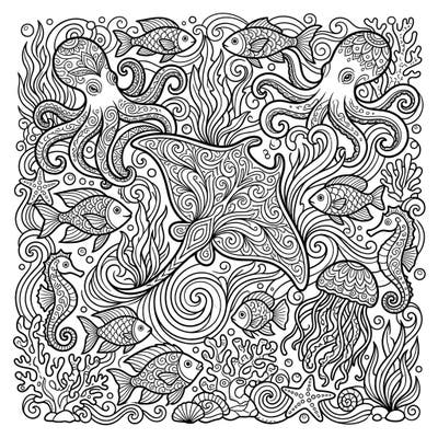 Explore a captivating underwater world with this intricate abstract marine life coloring page. Unleash your artistic flair as you bring this detailed ocean scene to vibrant life.