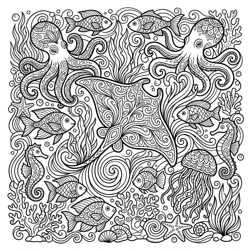 Explore a captivating underwater world with this intricate abstract marine life coloring page. Unleash your artistic flair as you bring this detailed ocean scene to vibrant life.