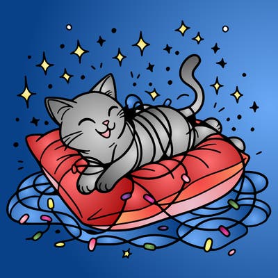 a cat happily tangled in glowing lights, lounging on a big cushion, clean lines, simple design, uncomplicated, tatoo desing