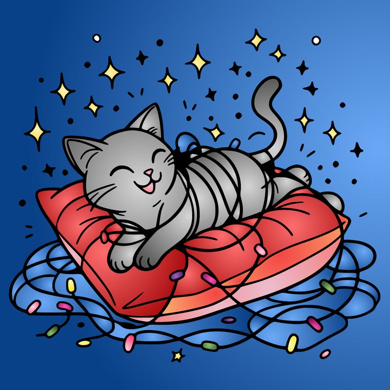 a cat happily tangled in glowing lights, lounging on a big cushion, clean lines, simple design, uncomplicated, tatoo desing