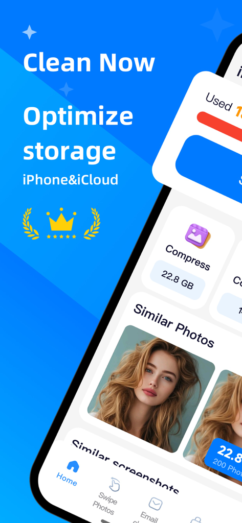 Clean Now app interface for optimizing iPhone storage and finding similar photos