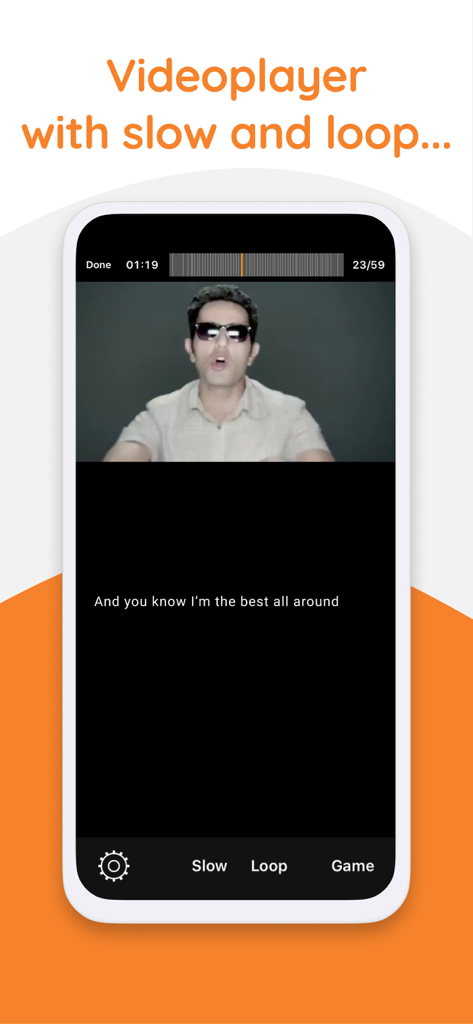Yabla English - Reproductor de video de la aplicación Yabla English que muestra subtítulos y funciones de aprendizaje lenta y bucle