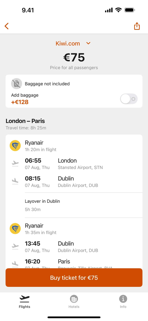 All Airlines:Best flight deals - Mobile app screen showing a flight itinerary from London to Paris with a layover in Dublin for 75 euros