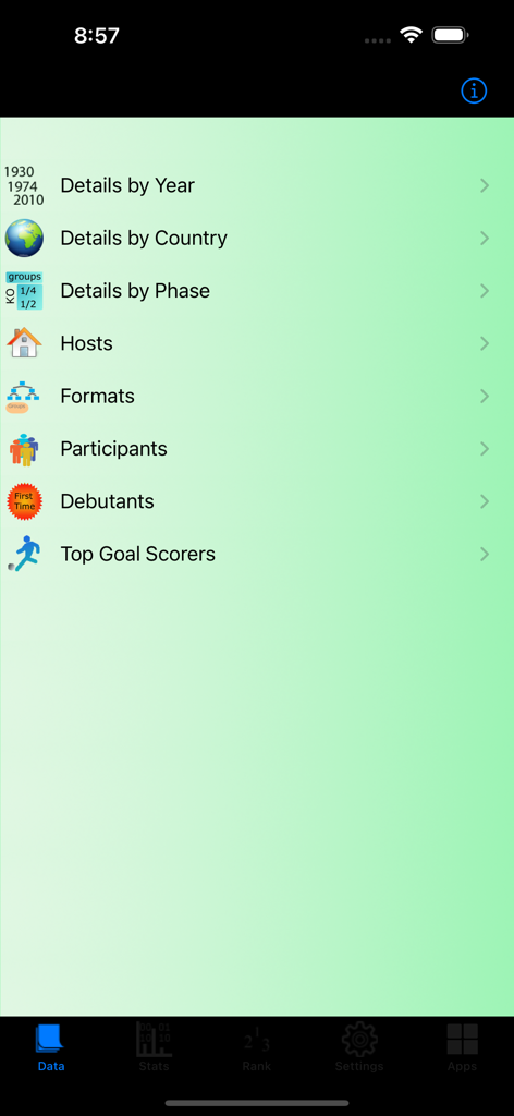 Football Cup Stats - Football Cup Stats app menu showing historical data categories