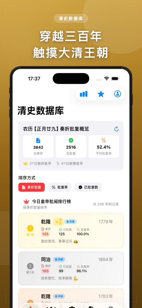 清史数据库-清代历史人物奏折官职档案 - A screenshot of the Qing History Database app showing the Daily Emperor Leaderboard with work statistics for Qianlong and Tongzhi.