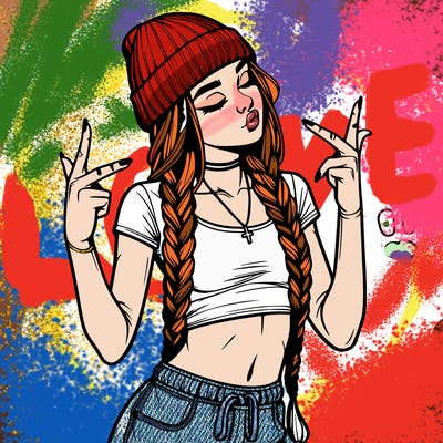realistic teenage girl with braids and a beanie and crop top doing 🫶🏼