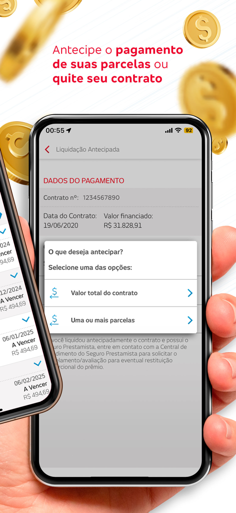 Tela do app Bradesco Financiamentos para liquidação antecipada de parcelas de empréstimo ou quitação total do contrato.