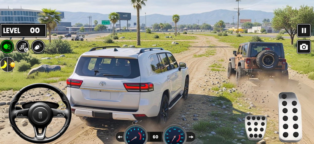 Dunes Offroad Car Simulator 3D - Gameplay screenshot of Dunes Offroad Car Simulator 3D showing a white SUV and a jeep on a desert trail with on-screen controls