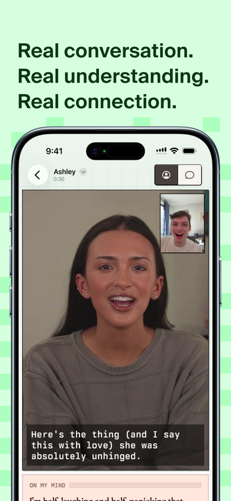 PALs by Tavus: AI Companions - PALs by Tavus app interface showing a real-time video call with an AI companion named Ashley.
