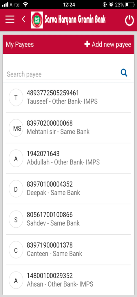 List of saved payees in the Sarva Haryana Gramin Bank mobile banking app