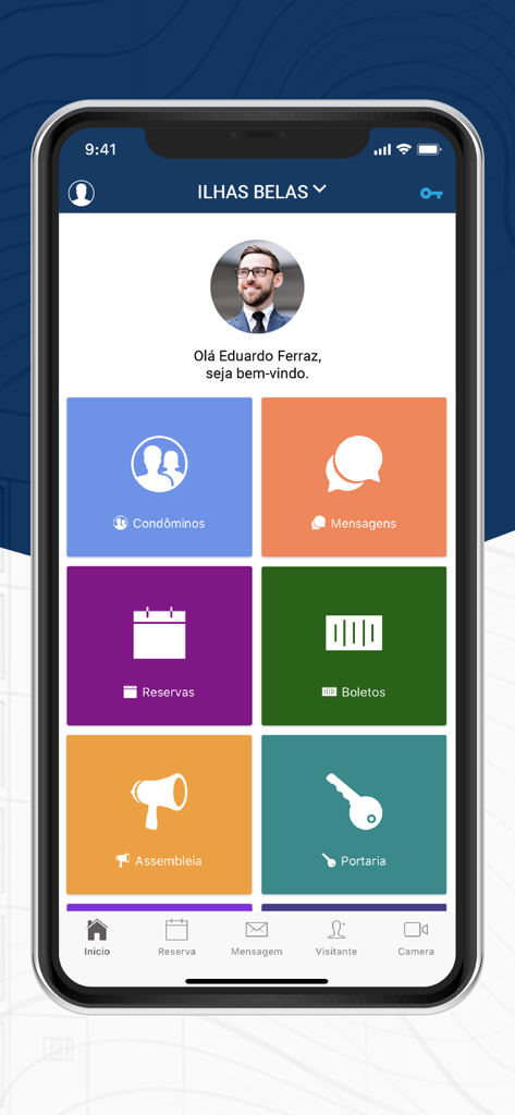 Painel principal do aplicativo Bersi mostrando recursos de gestão de propriedades como reservas e faturamento