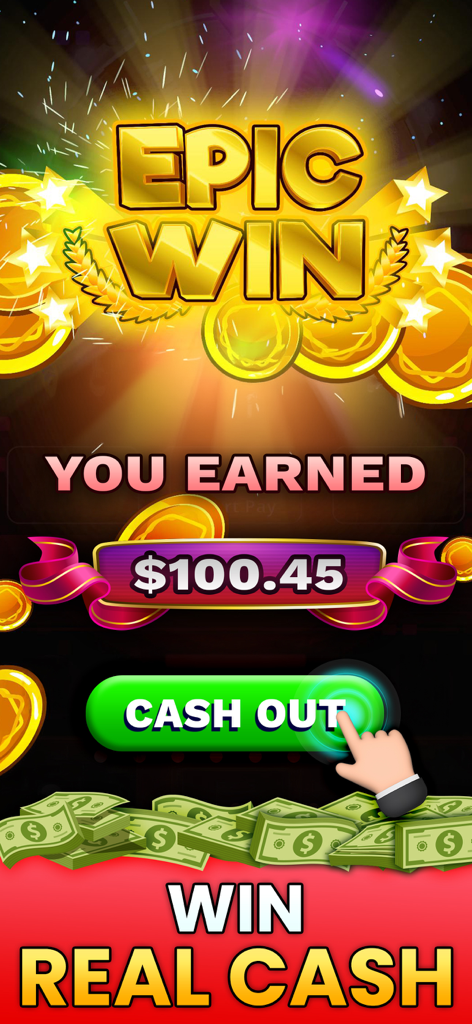 Pachinko Cash - Win Real Money - Écran de victoire épique dans Pachinko Cash montrant un prix de cent dollars et un bouton de retrait.
