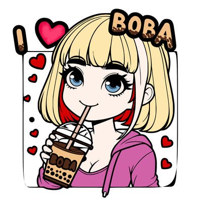 a realistic girl, drinking boba and the background it says i love boba