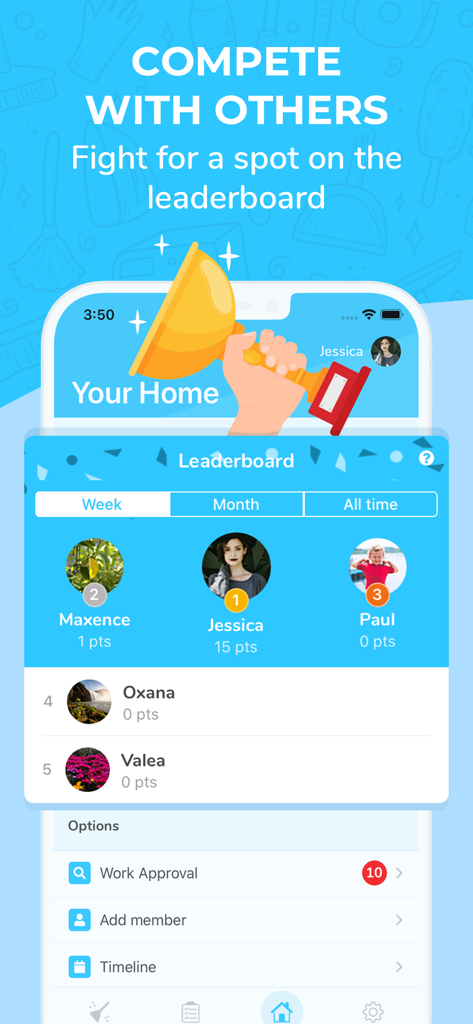 Sweepy: Home Cleaning Schedule - Sweepy app leaderboard screen showing family members competing for cleaning points with a golden trophy illustration.