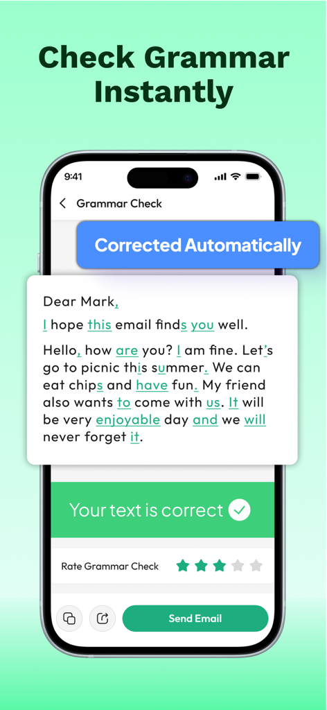 AI Email Writer - All MailBox - AI Email Writer app interface showing an automatic grammar check feature correcting an email draft on a mobile screen.