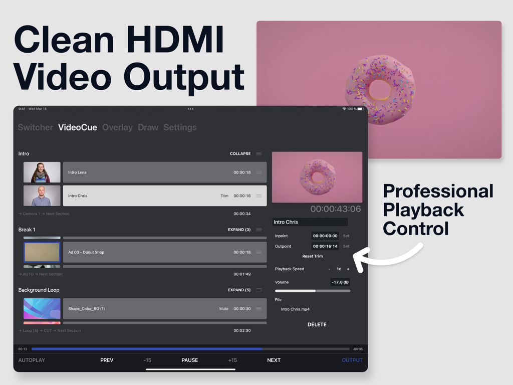 LiveApp Pro - LiveApp Pro iPad interface showing video playlist management and playback controls for professional live production