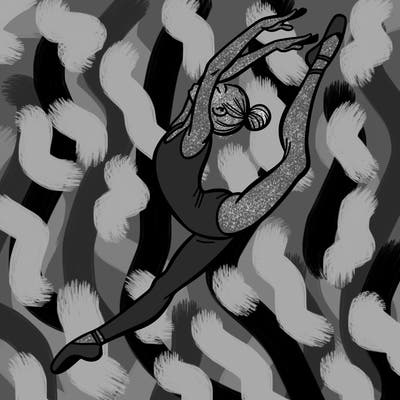 gymnast doing a leap in a leotard with a bent back leg