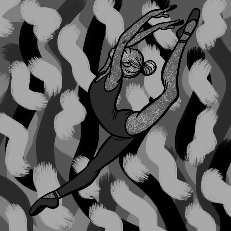 gymnast doing a leap in a leotard with a bent back leg