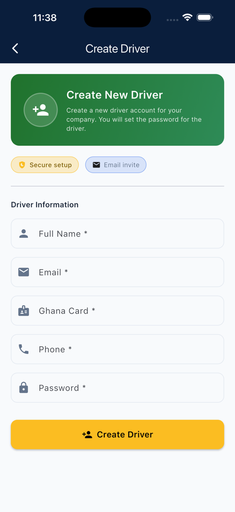 DVLA Ghana - Mobile app screen for creating a new driver account with fields for name email Ghana Card and phone number