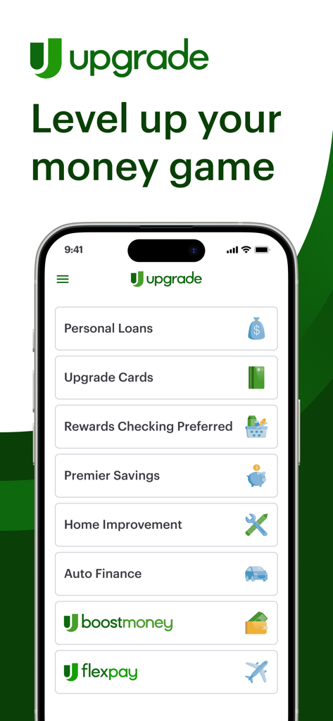 The Upgrade mobile banking app home screen displaying financial services like personal loans, savings, and auto finance under the slogan Level up your money game.