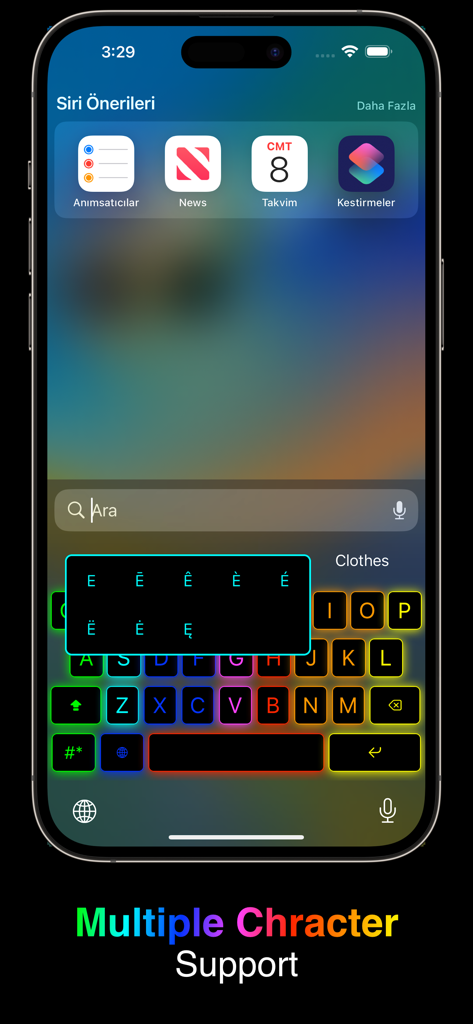 RGB Keyboard - RGB Keyboard app interface featuring neon glowing keys and a popup for accented character options