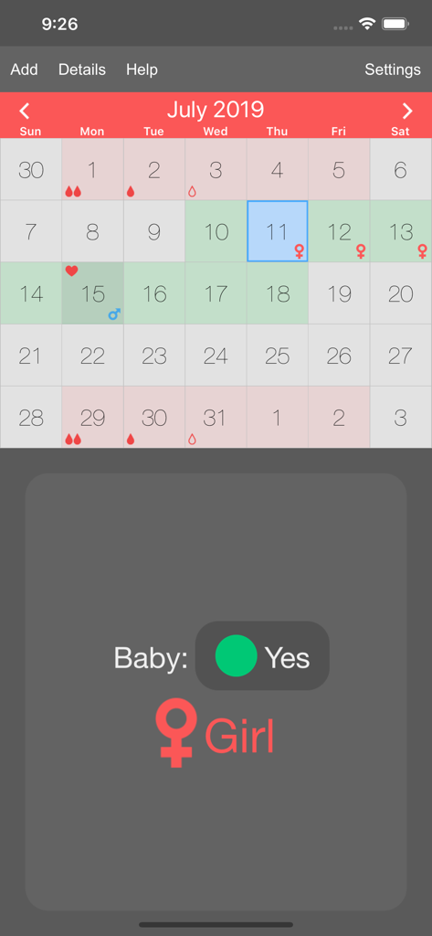 Menstrual Periods Tracker - Menstrual calendar interface showing period dates and baby girl gender prediction