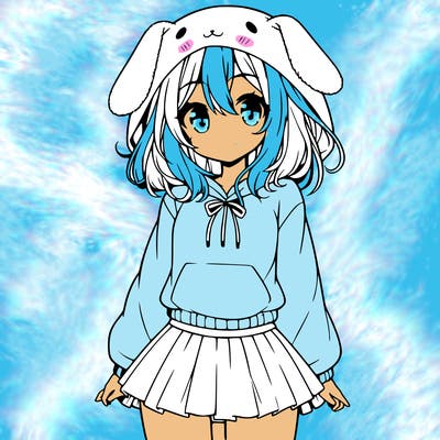 pretty anime girl wearing a fluffy hoodie with bunny ears on the hood and a skirt