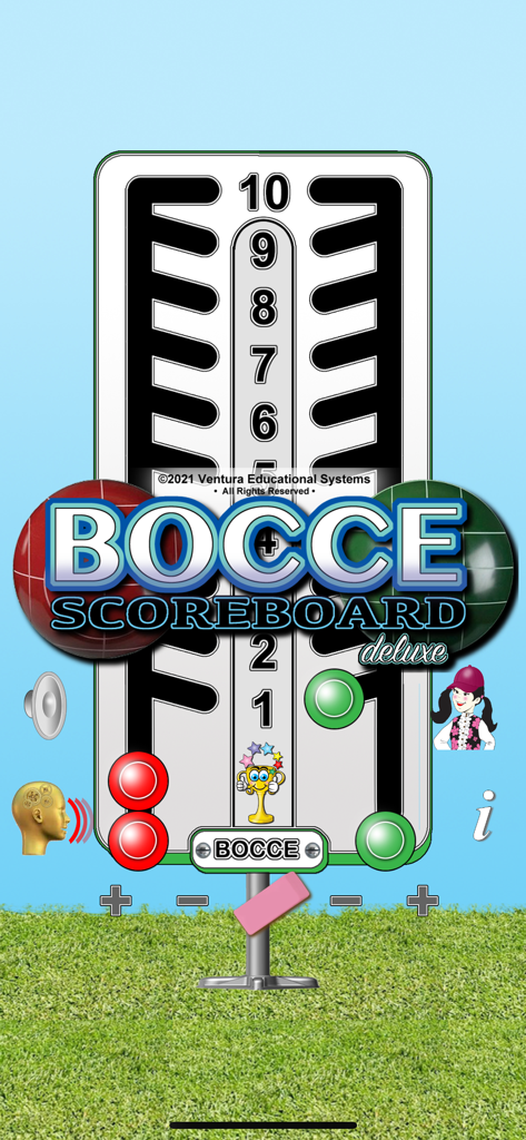 Bocce Scoreboard Deluxe - Digital bocce scoreboard with red and green team score tracking and a vertical point scale.
