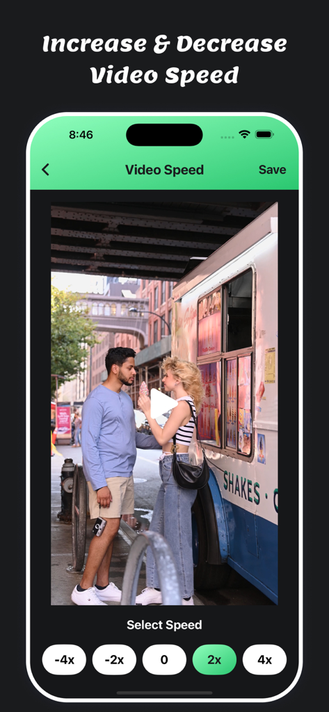 Mute Video : Remove Sounds - Ein Bildschirm der Mute Video App, der den Video-Geschwindigkeitseditor mit Optionen für Zeitlupe und Zeitraffer zeigt