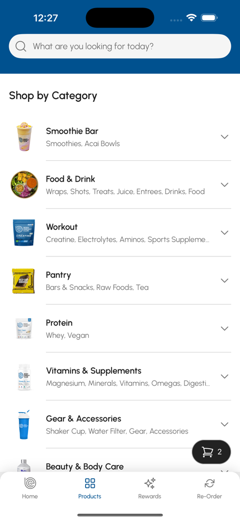 Body Energy Club Canada - Interfaz de la aplicación Body Energy Club Canada que muestra el menú de compra por categoría para batidos y suplementos.