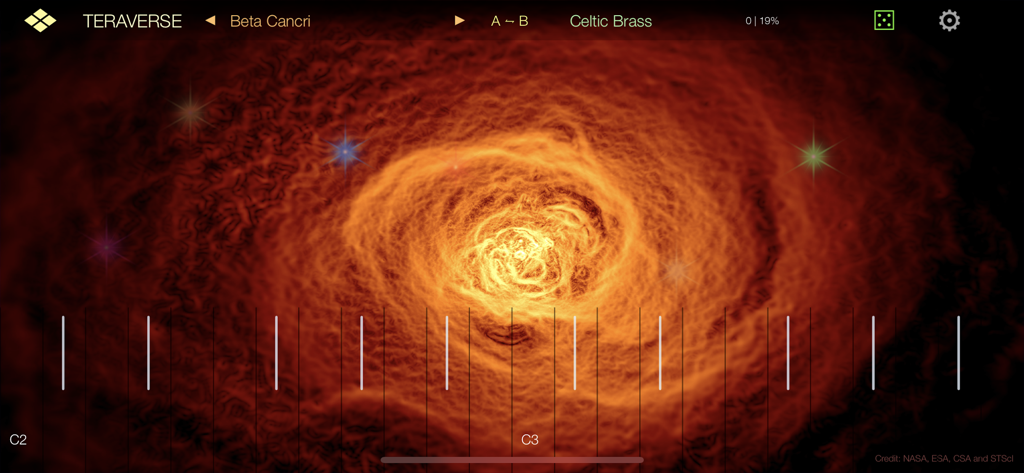 Teraverse - Teraverse synthesizer app interface featuring a cosmic nebula theme and sound morphing controls