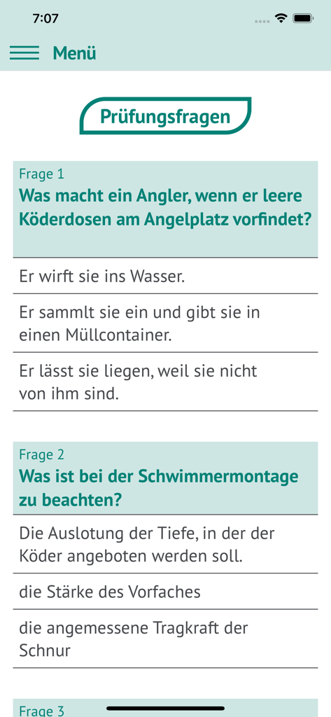Fische OÖ - Schonbestimmungen - Mobile app screen showing multiple choice fishing exam practice questions in German.