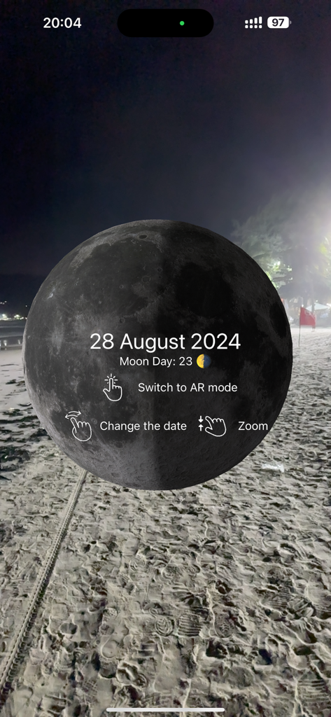 Moonlight phase - 月明かりのフェーズアプリがARモードで、夜のビーチの上に詳細な月の可視化を表示