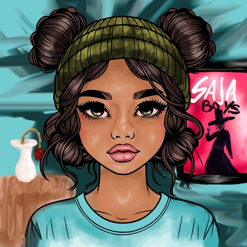 realistic girl with buns in her hair with a beanie on