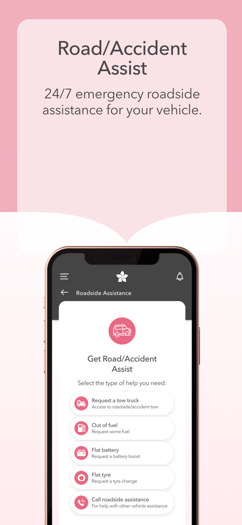 1st for Women app interface showing emergency roadside assistance options like towing and flat battery support