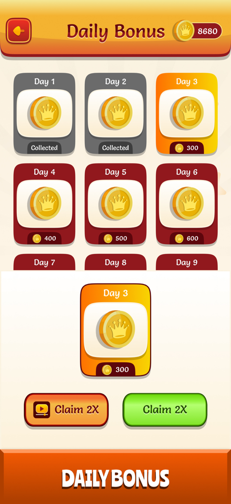 Popit - Just Do it! - Daily bonus screen showing gold coin rewards for the Popit fidget game
