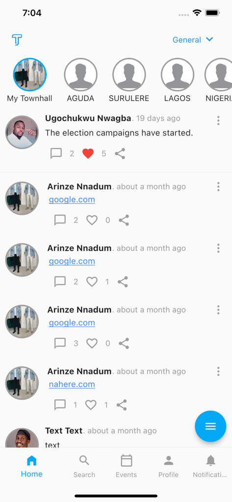 Feed de inicio de la aplicación Townhall que muestra grupos basados en la ubicación y publicaciones comunitarias