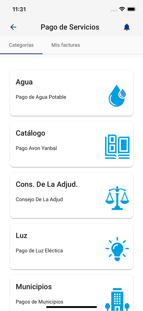 Cacspmec Móvil - Interfaz de la aplicación Cacspmec Movil mostrando categorías de pago de servicios públicos para agua, electricidad y servicios municipales